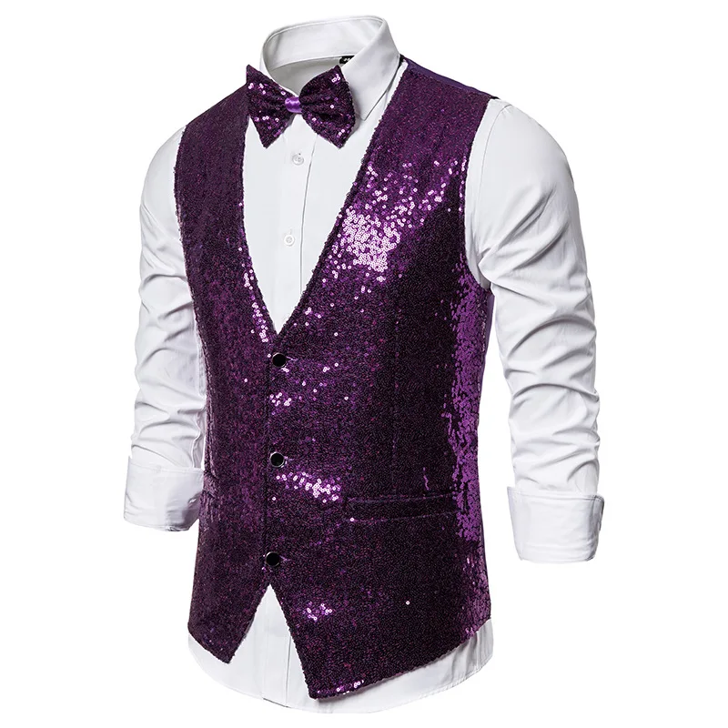 Top Trends: Men&#039;s Purple Sequins Suit Vest Slim Fit DJ Nightclub Sleeveless Waistcoat Men Party Wedding Tuxedo Vests Stage Singers Clothes Shoppable Styles