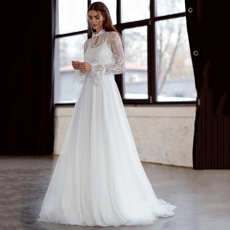 Top Trends: Behomian Lace Wedding Dress Full Flare Sleeve High Neck A-Line Bridal Gown Sweep Train Robe De Mariee For Elegant Women Illusion Shoppable Styles