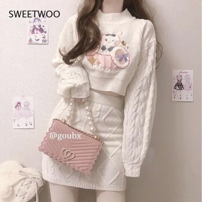 Top Trends: Two-Piece Autumn And Winter Kawaii Knit Sweater Top Women Long-Sleeved Twist Outer Sweater + All-Match Skirt Women&#039;s Suit Shoppable Styles