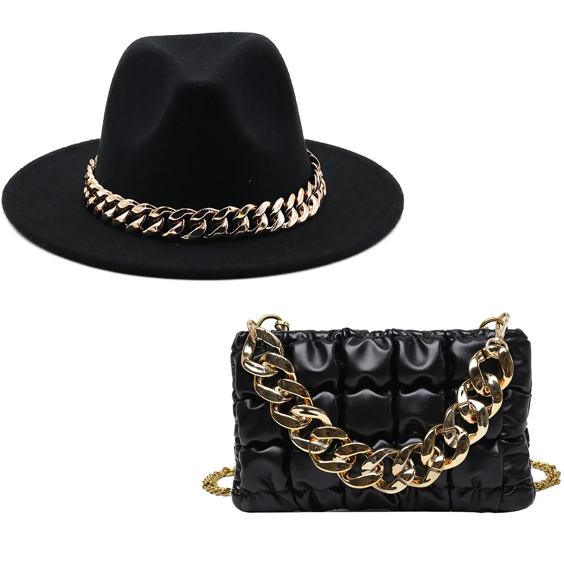 Top Trends: New Luxury Girl Wool Chain Fedora Hat Oversized Chain Accessory Bag Hat For Women Flat Top Hat Latest Two-piece Set шапка Shoppable Styles - Image 5