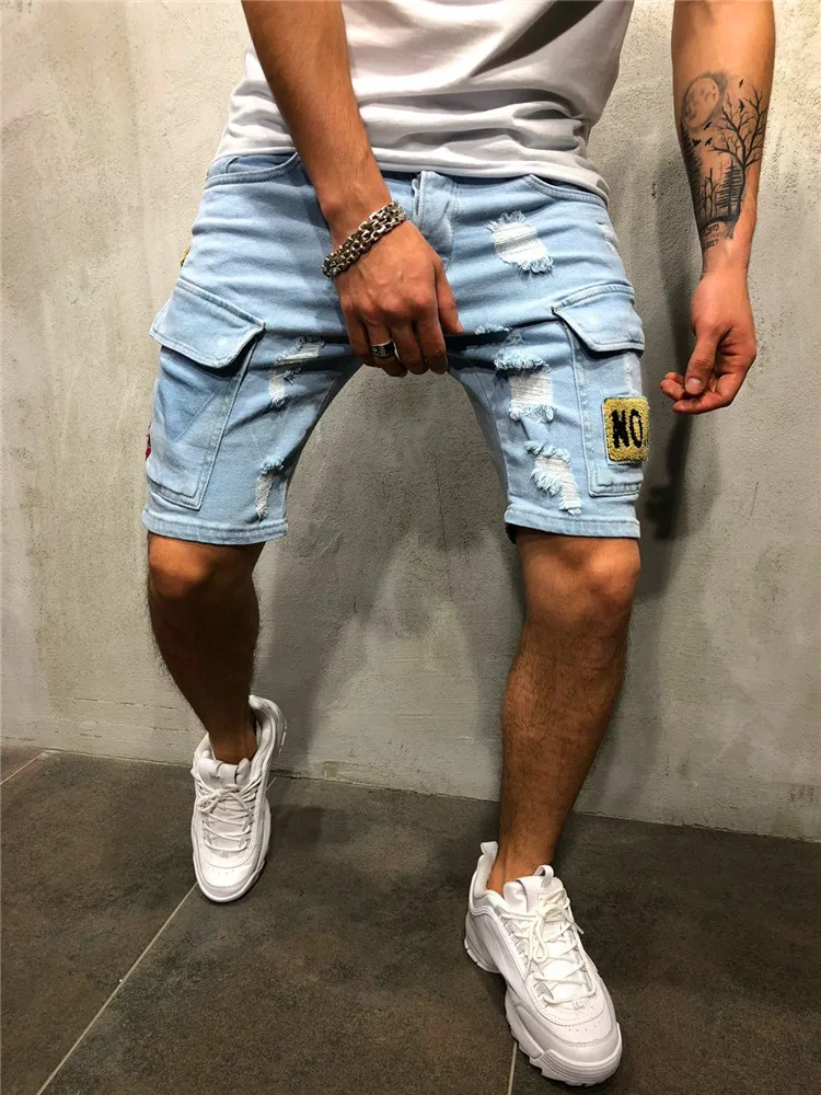 Top Trends: Summer New Men's Stretch Straight Short Jeans Fashion Casual Slim Fit High Quality Elastic Badge Pockets Hole Denim Shorts Male Shoppable Styles