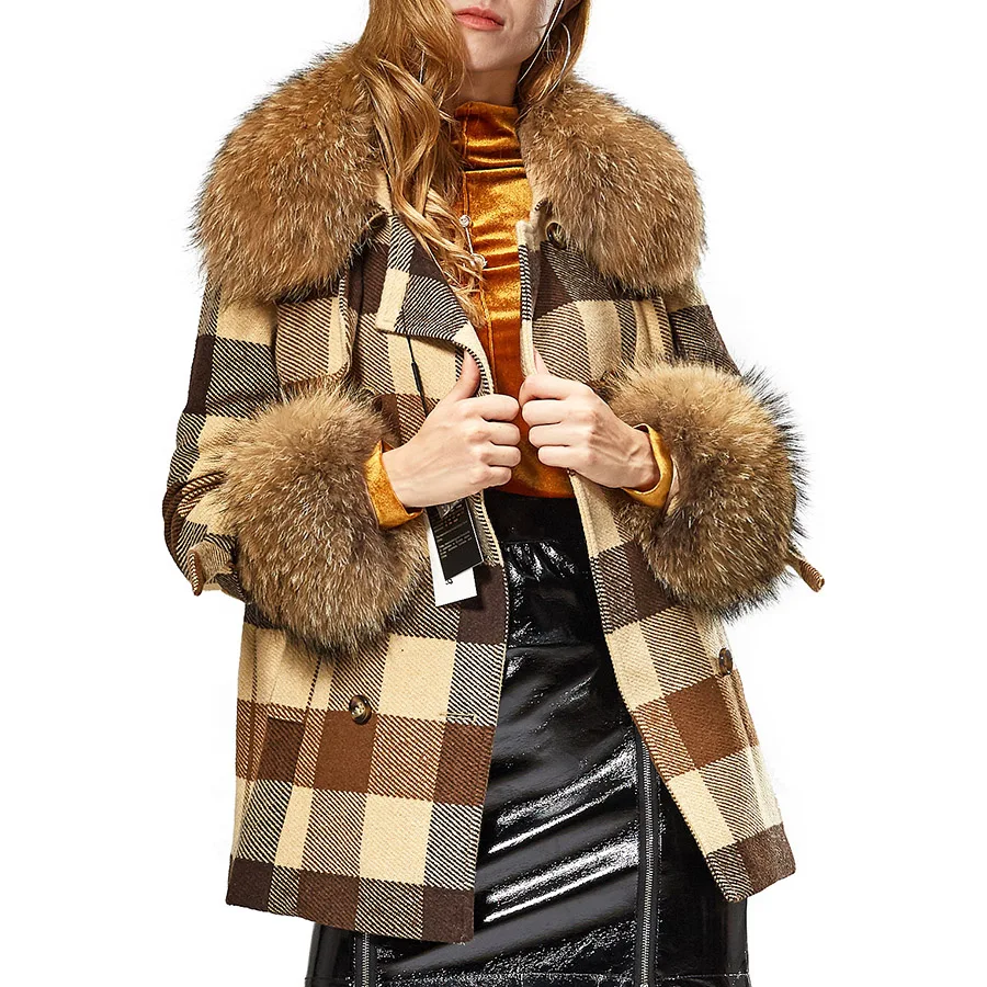 Top Trends: MAOMAOKONG 2022 Autumn Natural Real Raccoon Fur Collar Removable Cuffs Women Plaid Jacket Female Woolen Coat Winter Outerwear Shoppable Styles