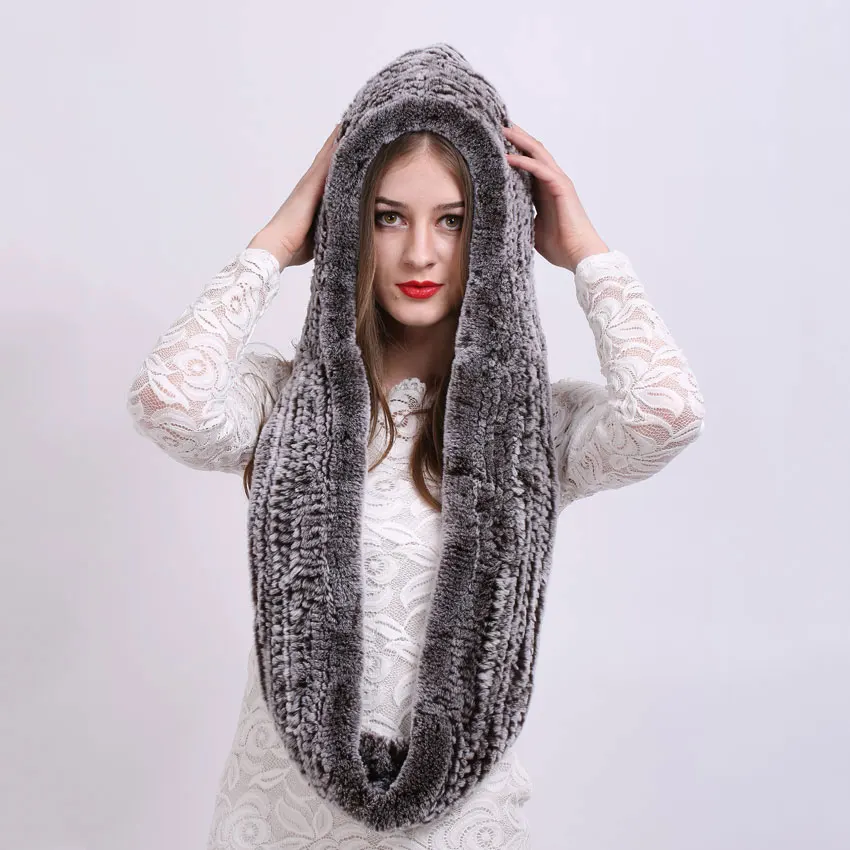 Top Trends: Women Knitted Real Rex Rabbit Fur Hat Hooded Scarf Winter Hats For Woman Fall Cap Warm Natural Fur Hat With Neck Scarves Bonnets Shoppable Styles