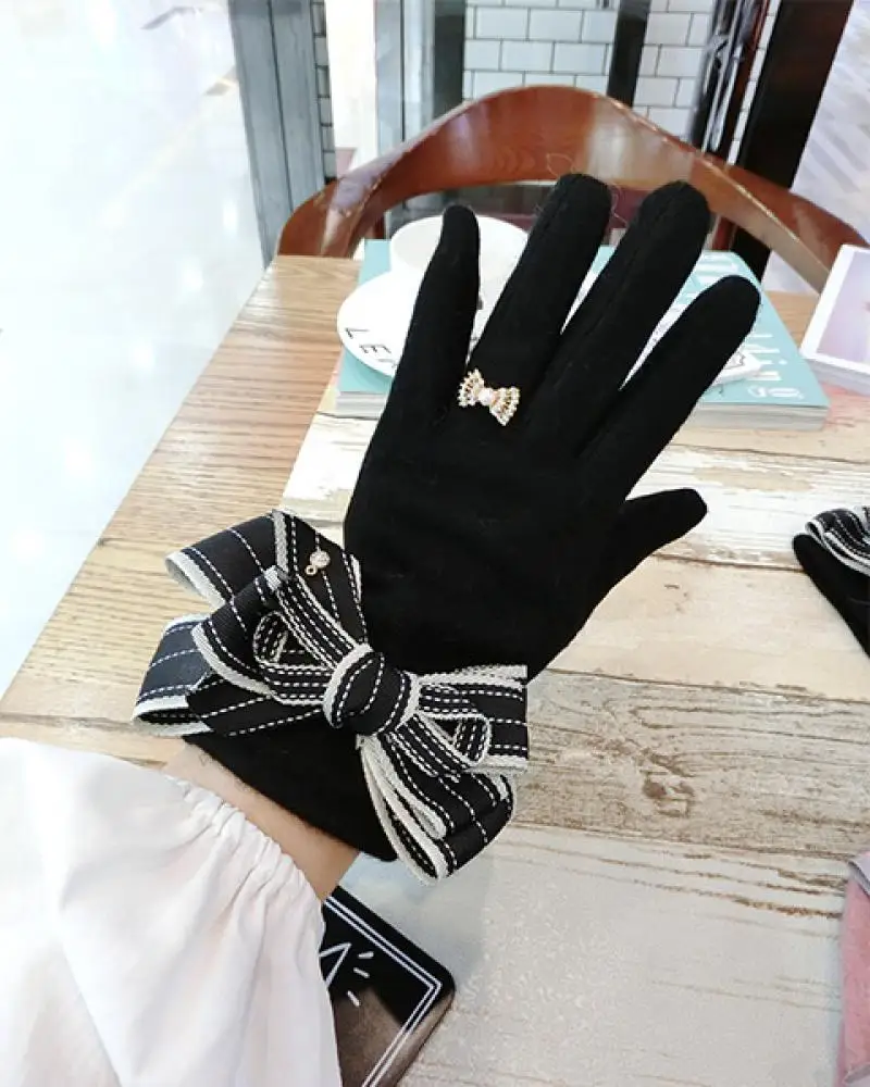 Top Trends: Cashmere Gloves Striped Bow Cashmere Gloves Ladies Korean Winter Fashion Cute Touch Screen Five-Finger Cashmere Warm Gloves A431 Shoppable Styles