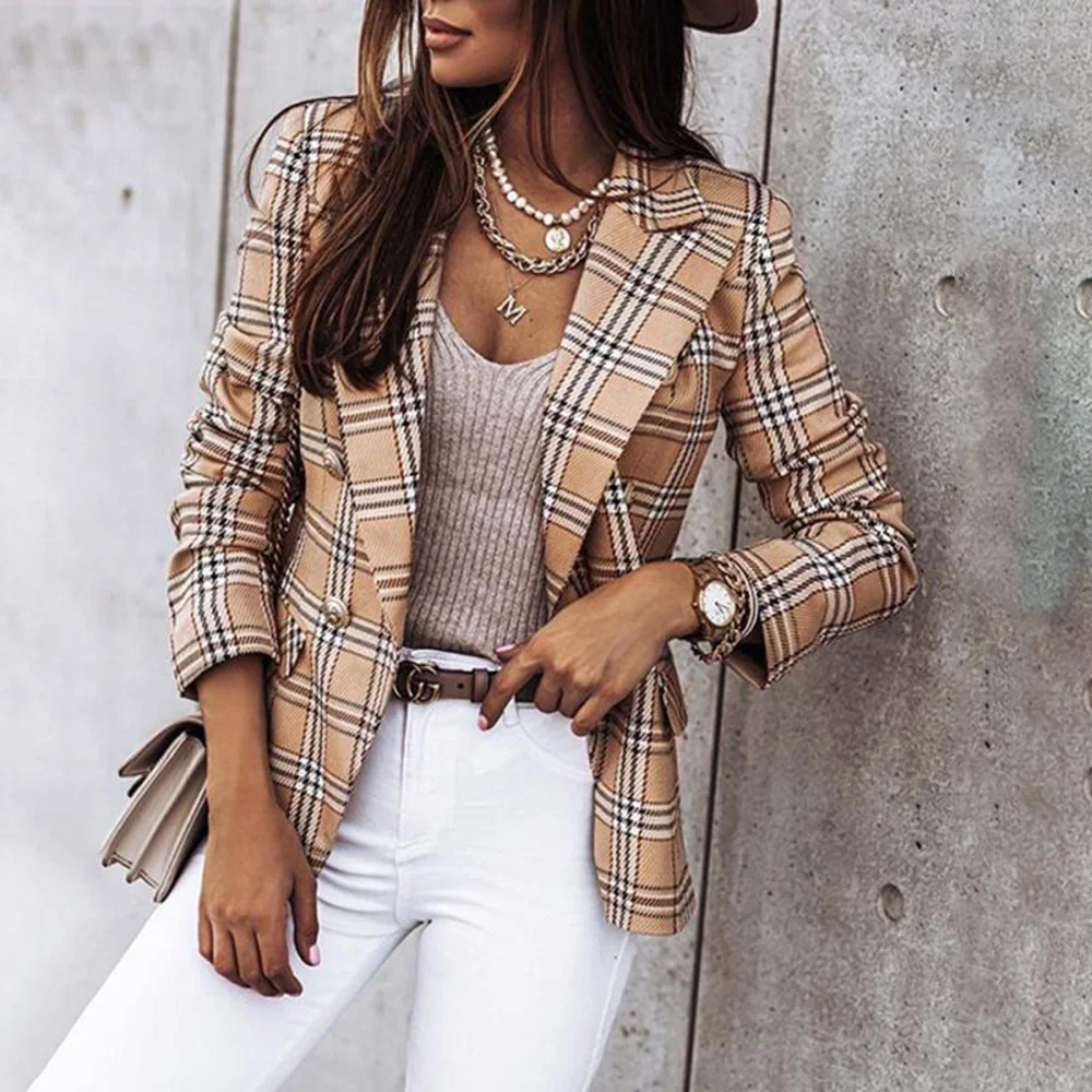 Top Trends: Plaid Blazer Jacket Women Spring Autumn Long Sleeve Casual Slim Blazers Khaki Woman Coats Fall Elegant Office Suit Coat New Shoppable Styles