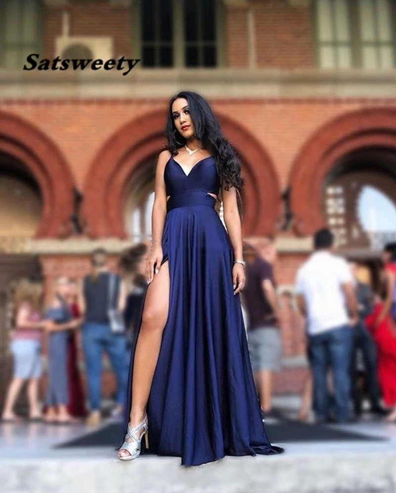 Top Trends: Sexy Long Prom Dresses Gowns V Neck A-Line Navy Blue Satin Prom Gowns Leg Slit Girls Graduation Dresses Abendkleider Shoppable Styles