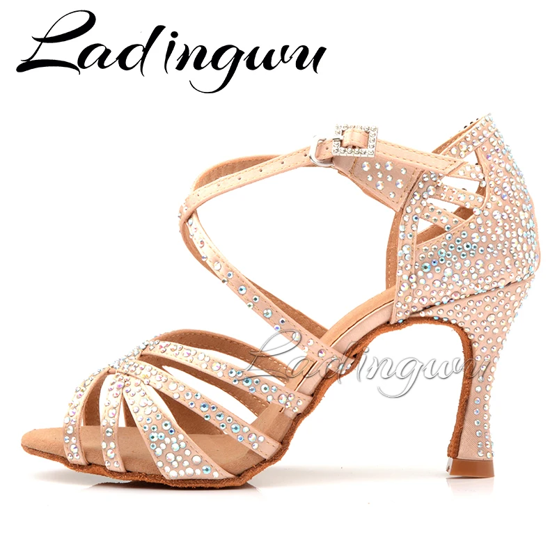 Top Trends: Ladingwu Dance Shoes Satin Women Party Shining Rhinestones Soft Bottom Latin Dance Shoes Woman Salsa Dance Shoes Heel 6CM-10CM Shoppable Styles - Image 4