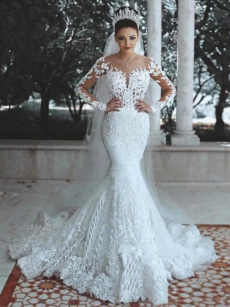 Top Trends: Sparkly Lace Wedding Dress Mermaid Illusion Bodice Vestido De Noiva Long Sleeve Sheer Neck Appliques Bridal Gowns 2020 Spring Shoppable Styles