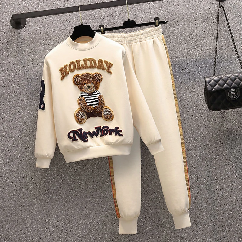 Top Trends: Cartoon Bear Autumn Two Piece Set Women O-Neck Pullovers + Trousers Set Tracksuit Vintage Sportwear Outfits Letters Loose D492 Shoppable Styles