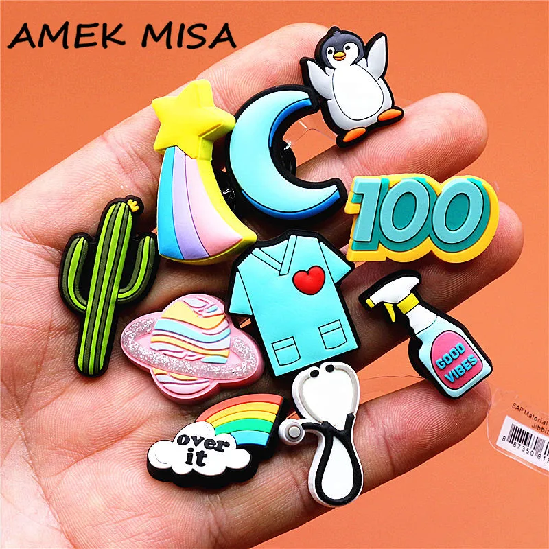 Top Trends: 1pcs Good Vibes PVC Shoe Decoration Accessories Moon Meteor Cactus Pink Planet 100 Points Clog Charms For Bracelets Kids Gifts Shoppable Styles