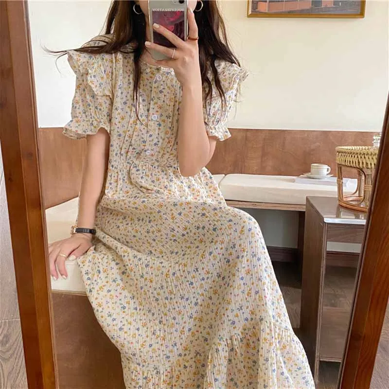 Top Trends: Sweet Floral Print Summer Nightgown Cotton Korean Sleepwear Loose Short Sleeve Ruffles Sleep Dress O-Neck Home Clothes Shoppable Styles