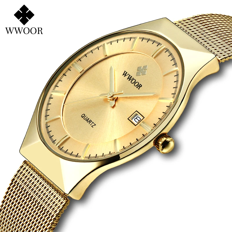 Top Trends: WWOOR Luxury Ultra Thin Mens Quartz Wristwatches Waterproof Casual Sports Mesh Steel Gold Automatic Date Watch Relogio Masculino Shoppable Styles