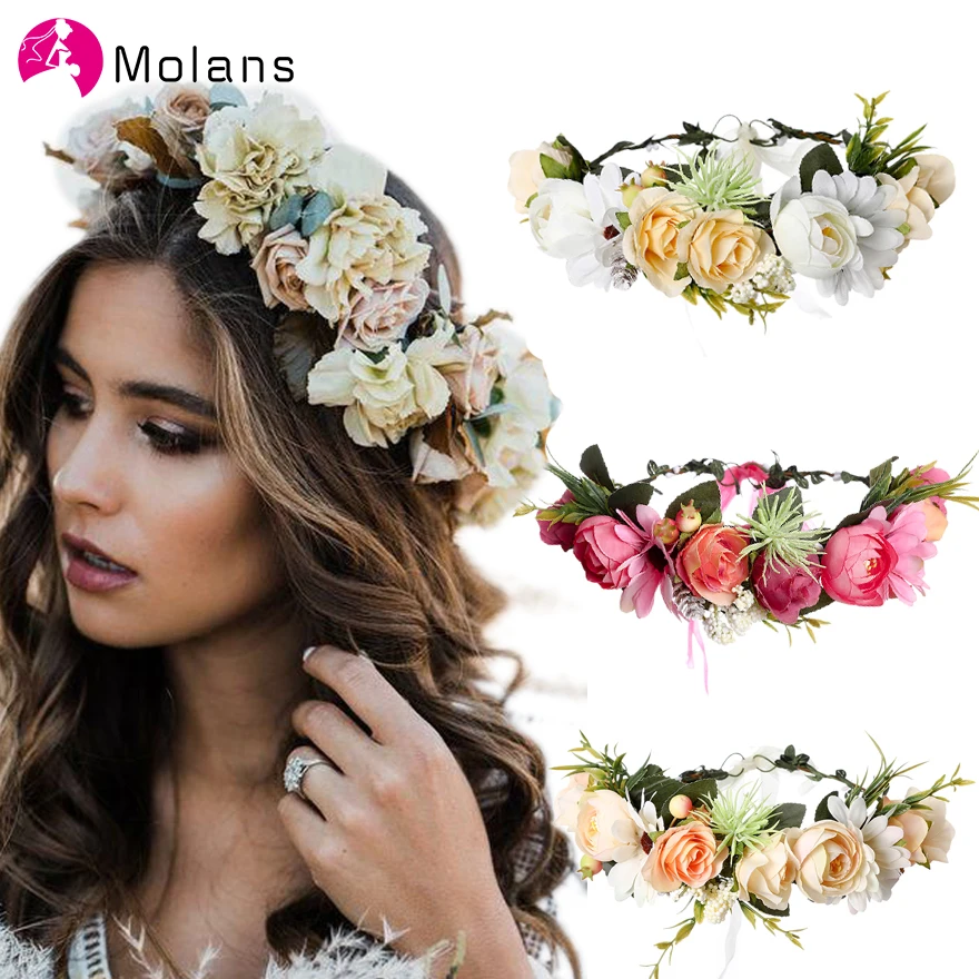 Top Trends: Molans Spring Bohemian Flower Crowns Beach Hawaii Floral Garland Romantic Faux Rose Wedding Wreaths New Flower Headband Shoppable Styles