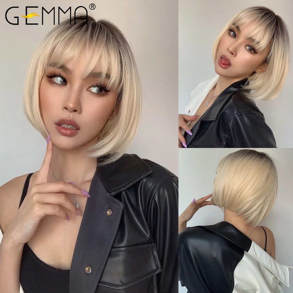 Top Trends: GEMMA Short Bob Straight Synthetic Wigs With Bangs Ombre Brown Blonde Wig For Women Afro Wigs Cosplay Party Daily Heat Resistant Shoppable Styles