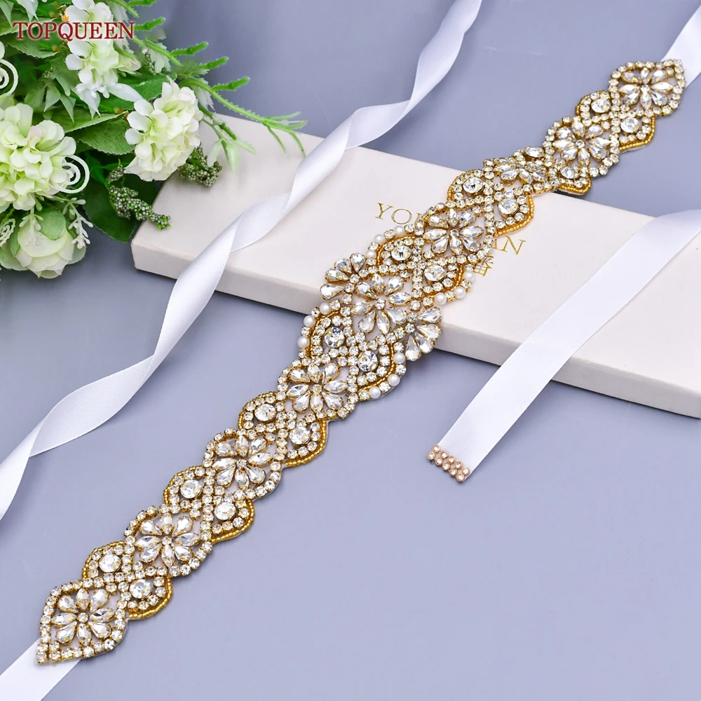 Top Trends: TOPQUEEN S161B-G Bride Dress Belt Luxury Crystal Golden Women Saree Wide Rhinestones Applique For Evening Wedding Dress Gifts Shoppable Styles