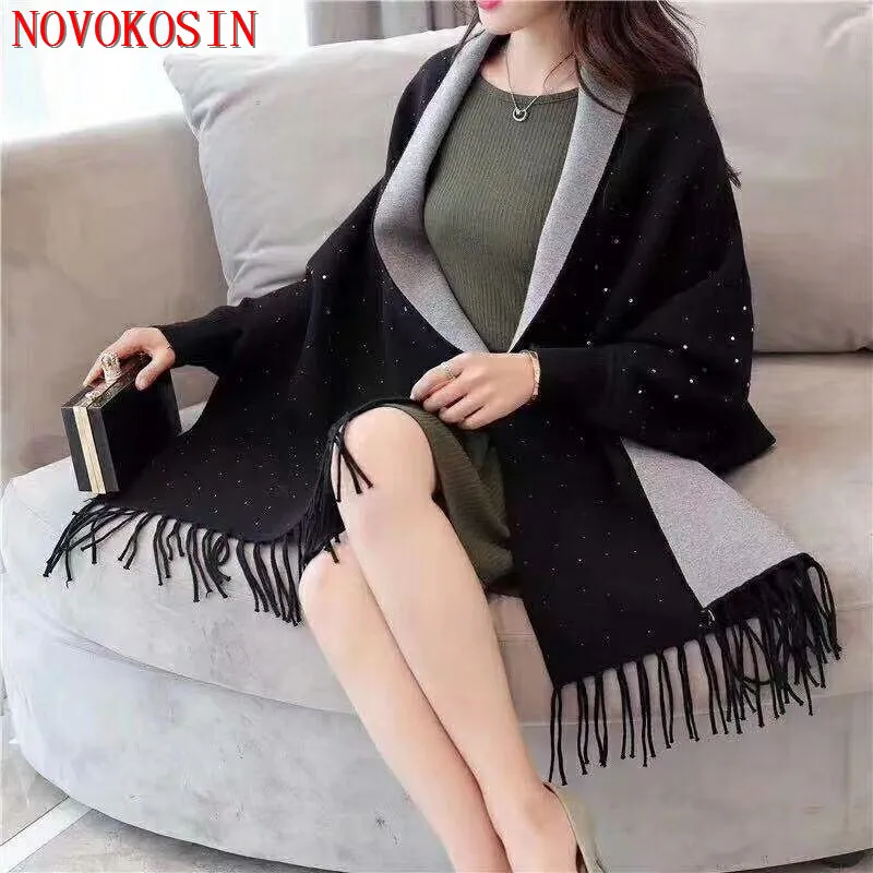 Top Trends: 10 Colors Cloak Oversize Beading Crystal Scarf Winter Knitted Shawl Poncho Out Wear Coat Gift For Women Shinny Long Sleeves Wrap Shoppable Styles