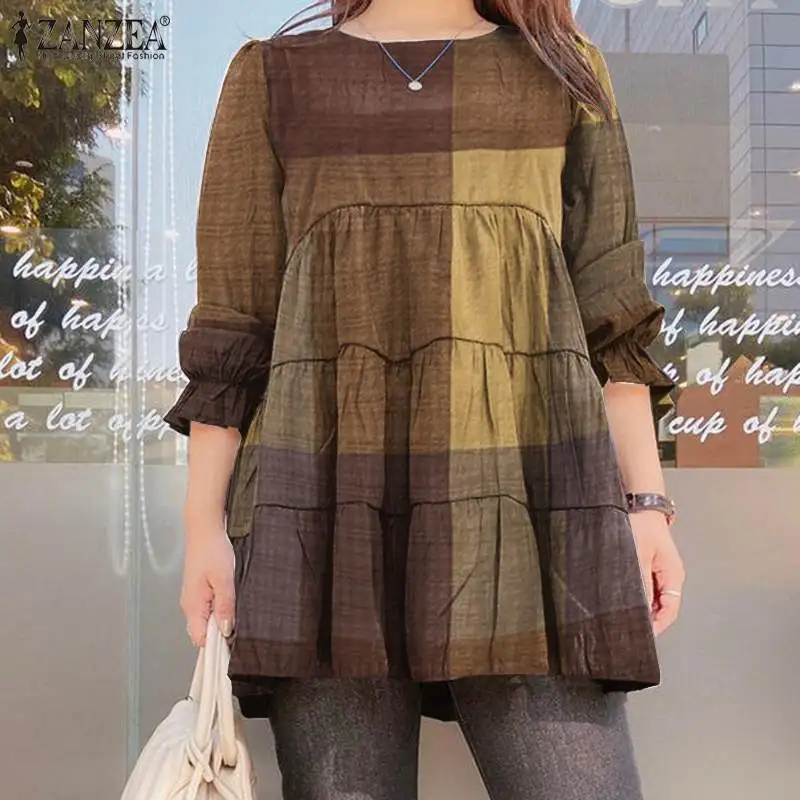 Top Trends: Womens 2023 Autumn Ruffle Blusa ZANZEA Fashion Blouses Casual Puff Sleeve Pullover Lady Retro Plaid Check Loose Tops 7 Shoppable Styles