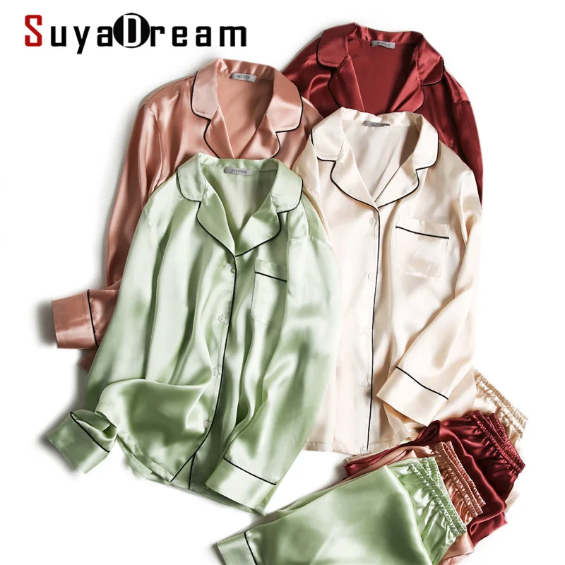 Top Trends: SuyaDream Women Silk Pajamas Solid 100% Real Silk Long Sleeves Sleepset Set 2022 Turn Down Collar Print Two-piece Nightwear Shoppable Styles