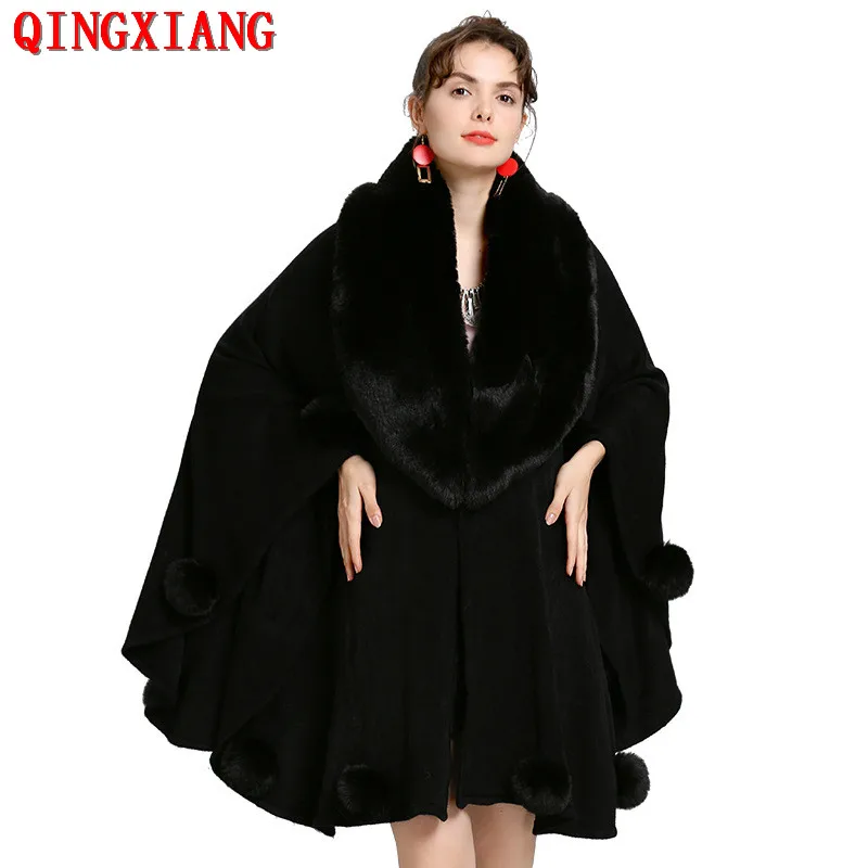 Top Trends: Womens Black Big Pendulum Capes Poncho 2019 Winter Fur Ball Shawl Oversized Knitted Sweater Big Faux Fox Fur Neck Cardigan Coat Shoppable Styles