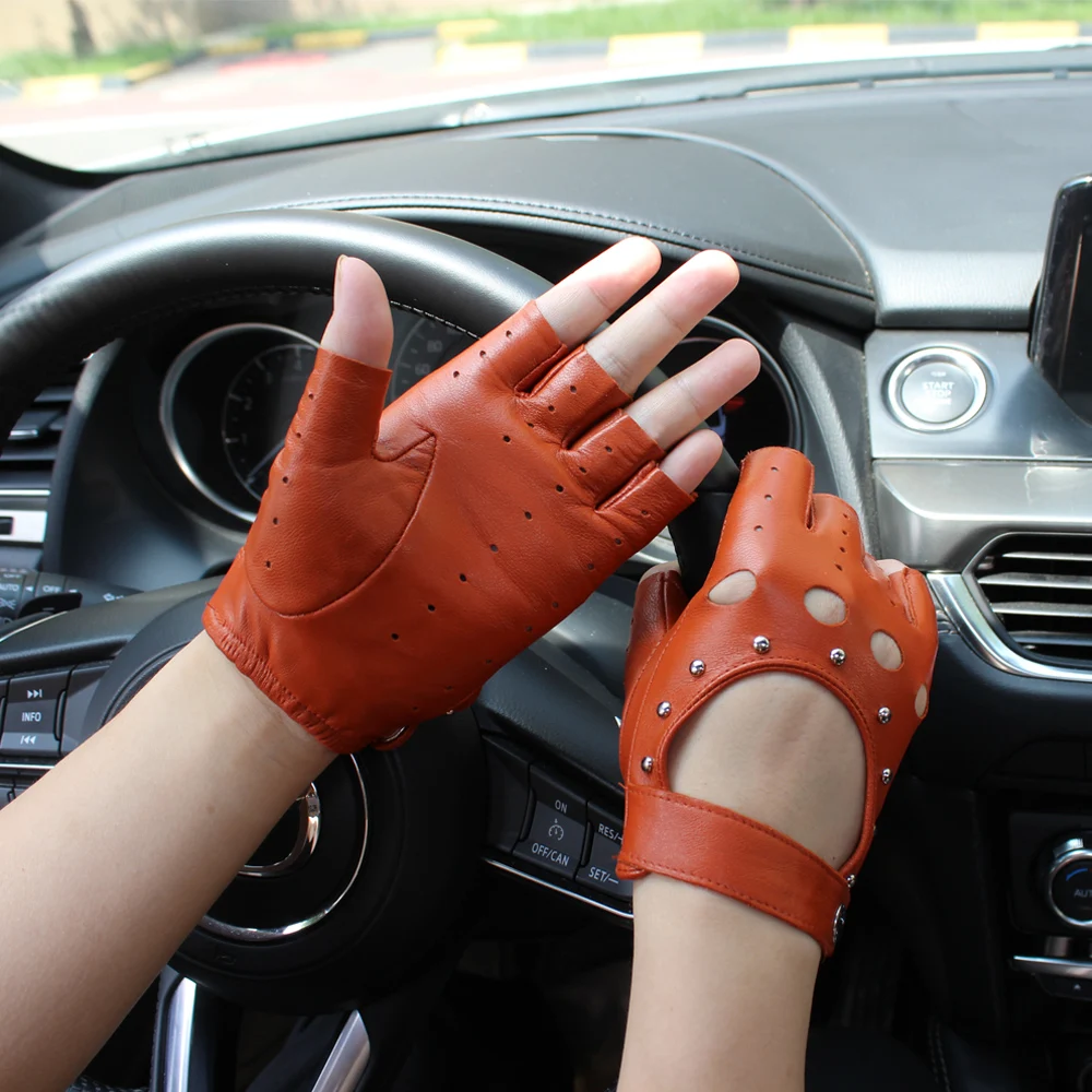 Top Trends: New Half Finger Women Leather Gloves Spring And Summer Thin Goatskin Mittens Hollow Short Sports Riding Driver Colour Gloves Shoppable Styles