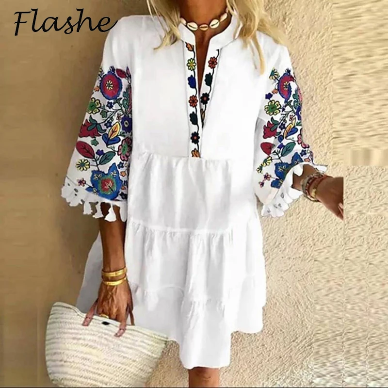 Top Trends: Casual Mini Dress Woman V Neck Summer Dress 2023 Vintage Print Patchwork Loose Beach Dress Ladies Party Dresses Shoppable Styles