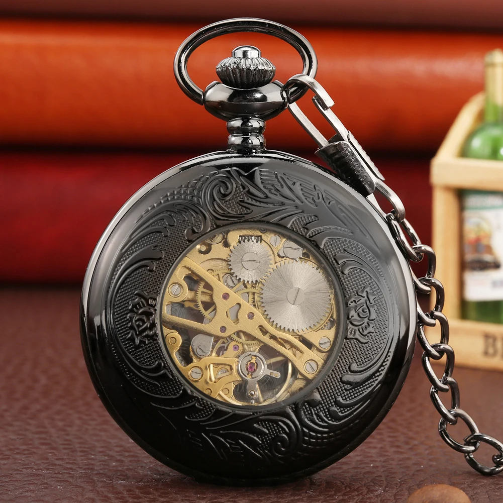 Top Trends: Classic Black Roman Numerals Carve Manual Mechanical Pocket Watch Retro Pendant Hand Winding Luxury Pocket Timepiece Gifts Male Shoppable Styles - Image 3