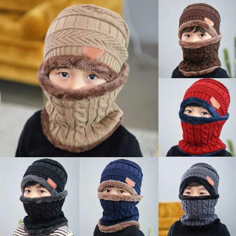 Top Trends: 1Pcs Hat Scarf Set Kids Bean Knitted Scarf Cap Children Autumn Winter Fleece Warm Knitted Scarf Hat For Boys Girls Shoppable Styles