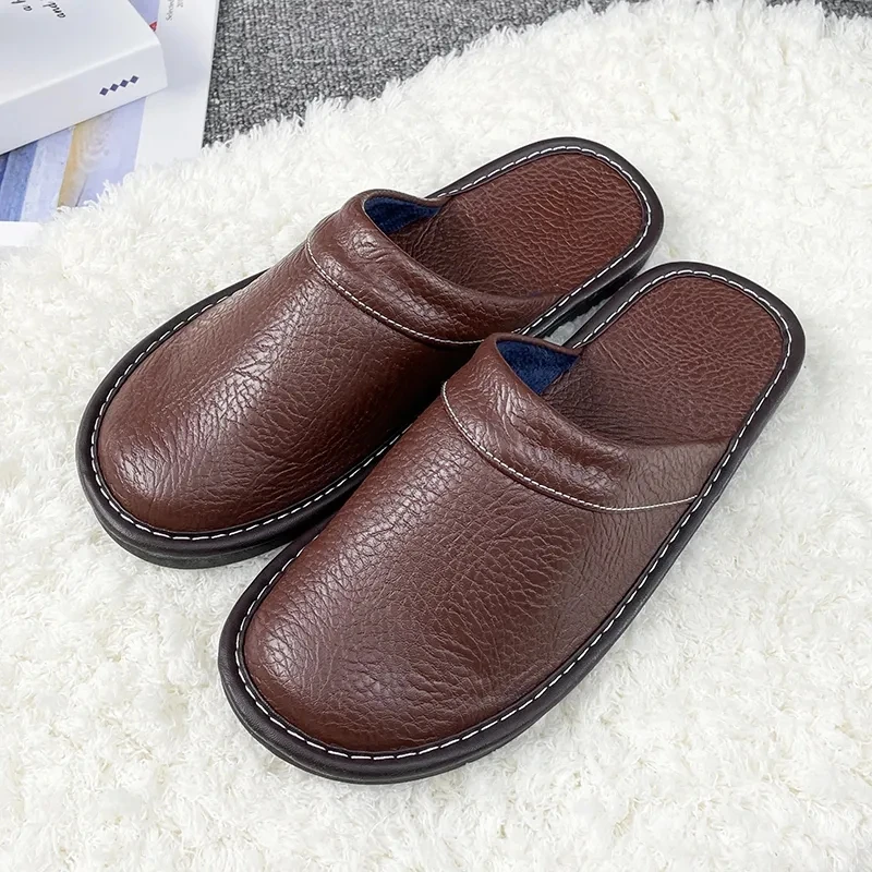 Top Trends: Top Quality Faux Leather Slippers For Men Winter Home Room Shoes Man's Waterproof Slides Husband Guest Slippers Large Size 46 47 Shoppable Styles