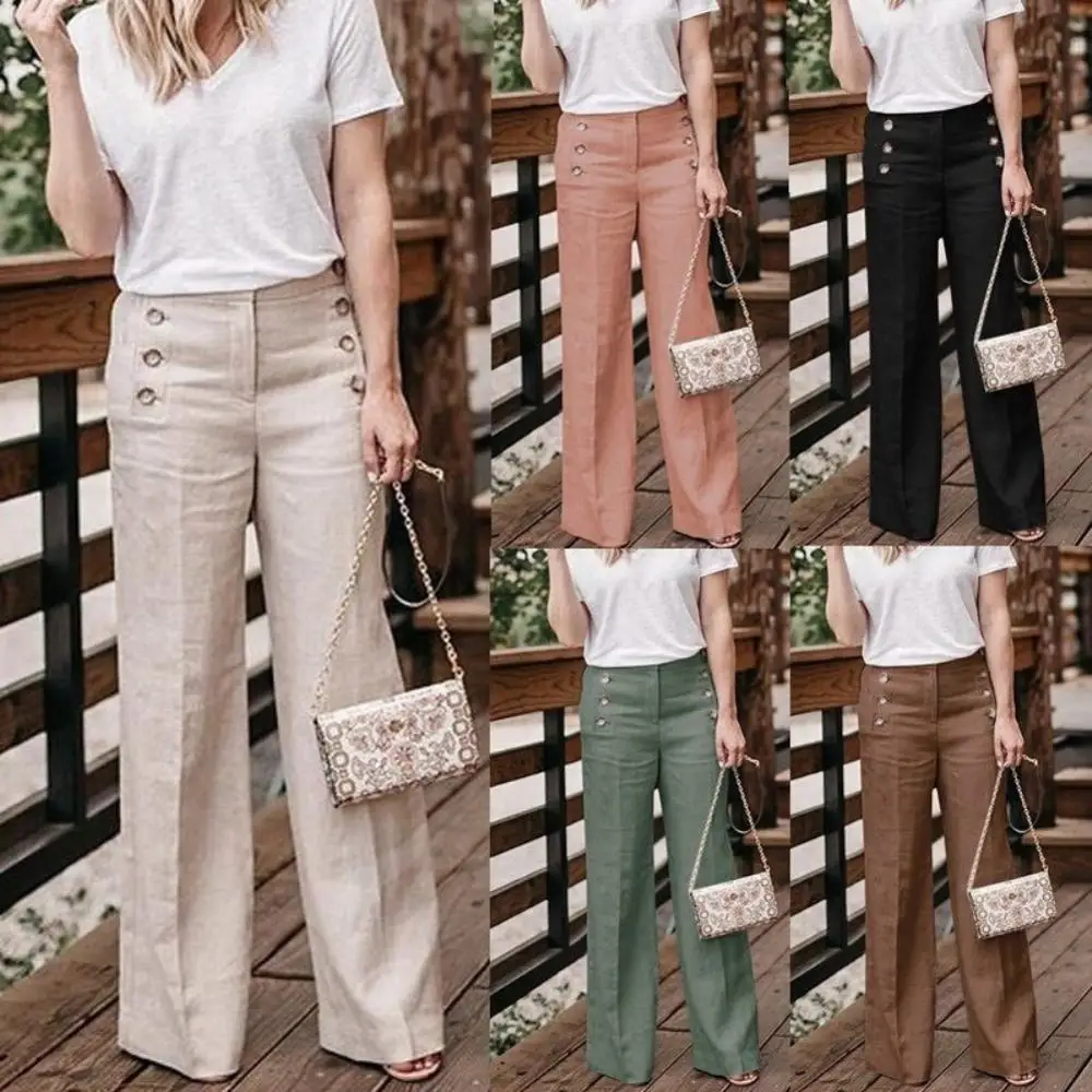 Top Trends: Pants Women Wide Leg Pants Solid Color Buttons High Waist Wide Leg Pants Women Cotton Linen Long Trousers Loose Pants All-match Shoppable Styles