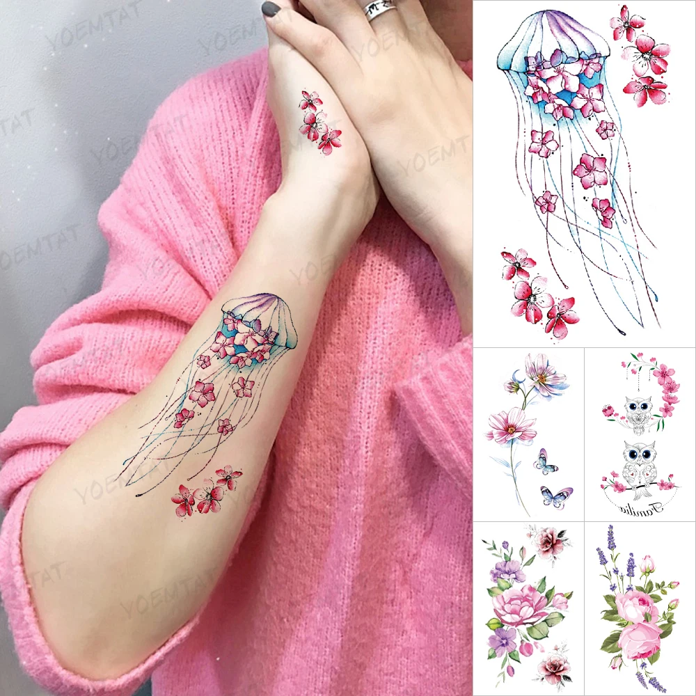 Top Trends: Watercolor Tattoo Jellyfish Owl Butterfly Animal Peach Blossom Rose Peony Lavender Plant Temporary Tatto Sticker Body Art Women Shoppable Styles