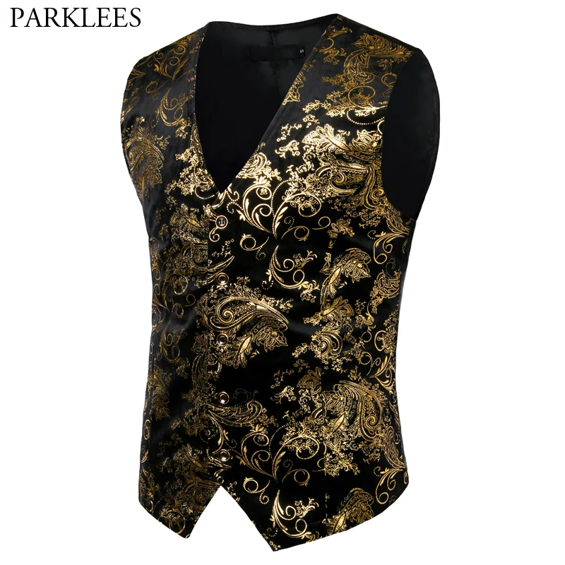 Top Trends: Mens Gold Metallic Paisley Printed Steampunk Vest Single Breasted V Neck Wedding Waistcoat Men Tuxedo Aristocrat Vests Gilet 2XL Shoppable Styles