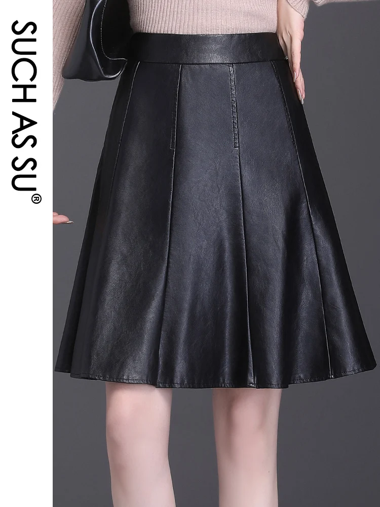 Top Trends: SUCH AS SU New 2020 Autumn Winter PU Leather Skirt Women Sexy Black High Waist Knee-Length Skirt S-3XL Size Ladies Pleated Skirt Shoppable Styles