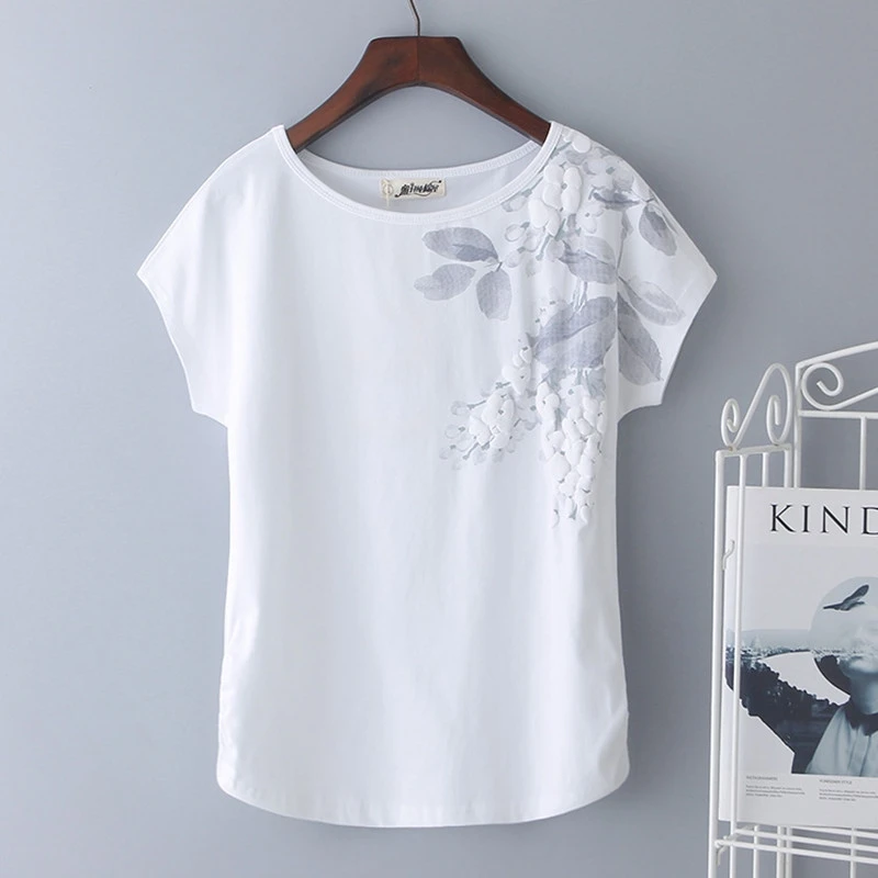 Top Trends: Women&#039;s Loose Short-Sleeve T-Shirt, Summer Tees, Female White, Green Printing T-Shirt, Basic Large Size, 4XL, 95% Cotton Shoppable Styles