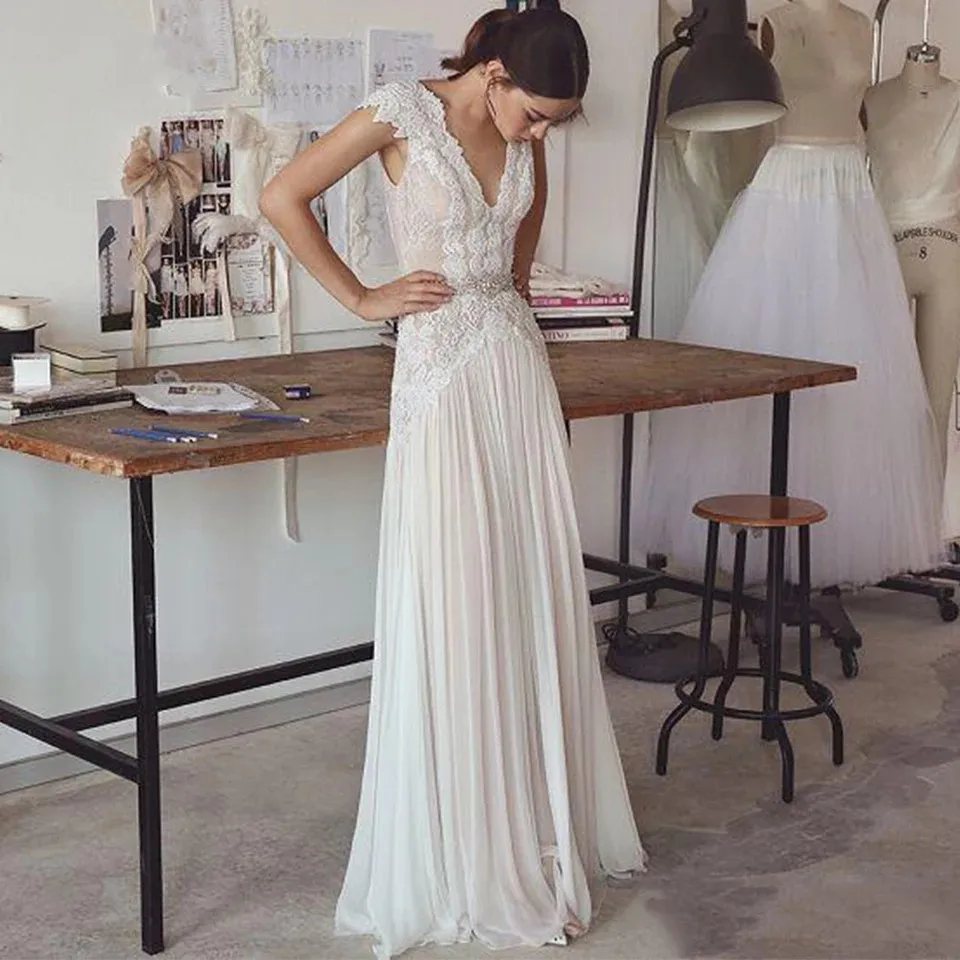 Top Trends: Boho V Neck Wedding Dresses Chiffon Bohemian Wedding Gowns Cap Sleeves 2024 Backless Pleated Skirt Elegant A Line Bridal Gowns Shoppable Styles