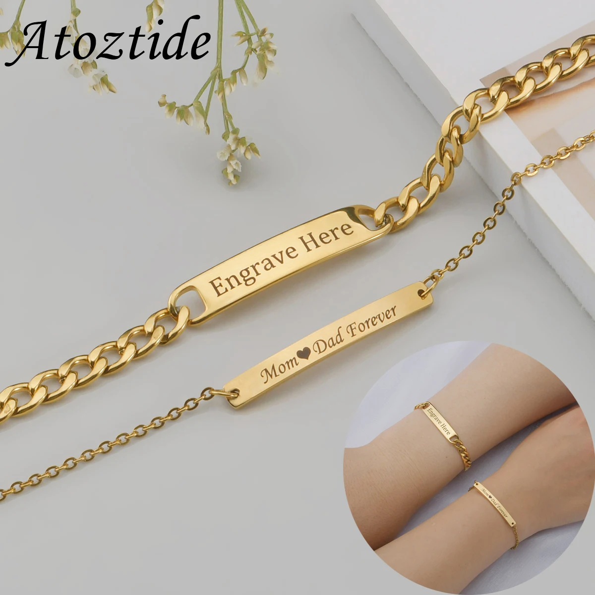 Top Trends: Atoztide Custom Name Bar Nameplate Couple Bracelet Stainless Steel For Men Women Adjustable Link Chain Personalized Jewelry Gift Shoppable Styles