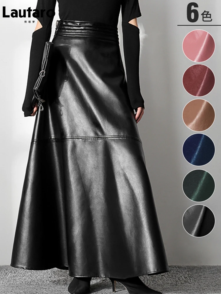 Top Trends: Lautaro Autumn Long Black A Line Soft Faux Leather Skirt Women High Waist Blue Stylish Maxi Skirts Korean Fashion Clothing 2021 Shoppable Styles