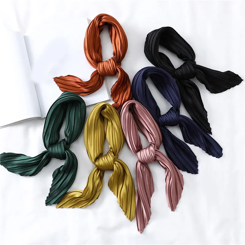 Top Trends: Silk Pleated Scarf Solid Color Satin Neckerchief Soft Small Scarves Square Scarf Decorative Headscarf Crinkled Hair Scarf Shoppable Styles