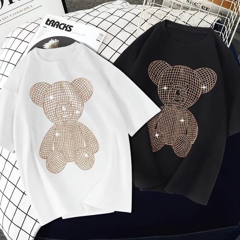 Top Trends: Fashion Summer Top T-shirt Women's T-shirt Summer Loose Heavy Industry Hot Drilling Bear Half-sleeved T-shirt Women M-xxl Shoppable Styles