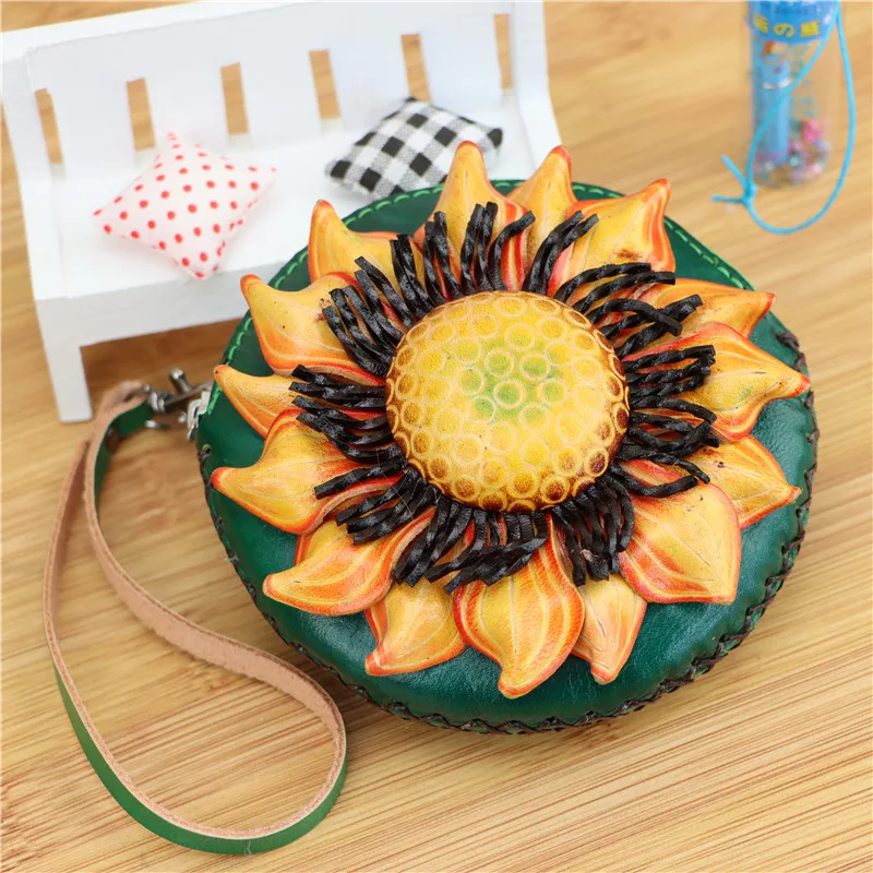 Top Trends: Leather Small Sunflower Mini Coin Purse Sun Flower Cowhide Card Bag Key Bag Coin Bag Flower Clutch Bag Children Hand Bag Shoppable Styles