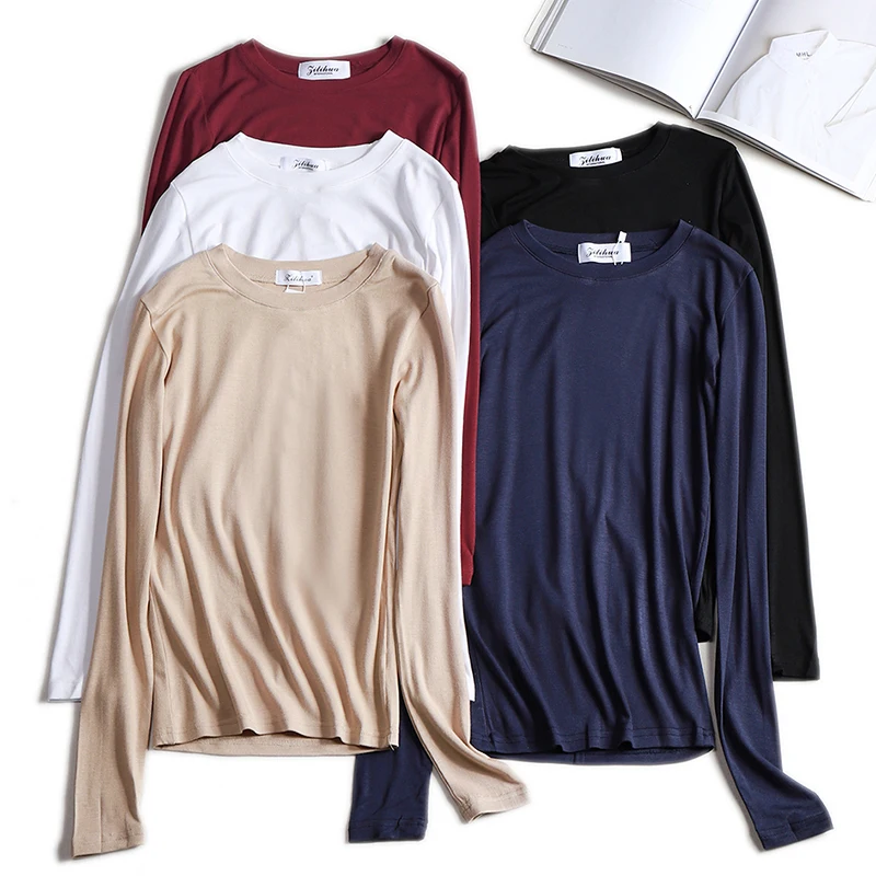 Top Trends: High Quality Plain T Shirt Women Cotton Knitted Slim Elastic Basic T-shirts Female Casual Tops Long Sleeve T-shirt Women 2024 Shoppable Styles