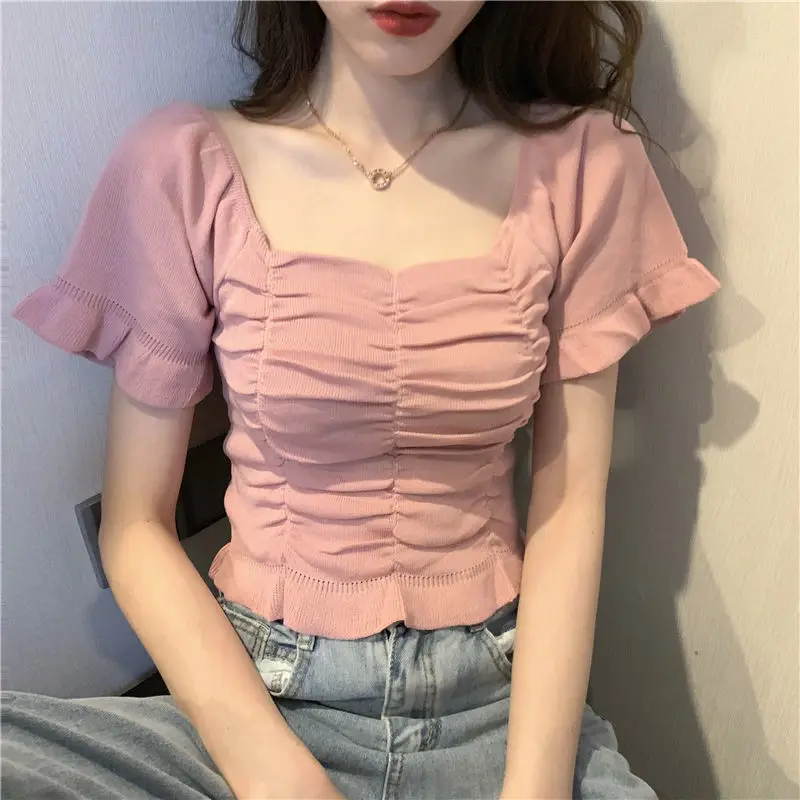 Top Trends: Knitted Fashion Blouse Woman Ruffle Youth Elegant Blouse Summer Crop Top Sexy Slim Fit Shirt Short Sleeve Shoppable Styles