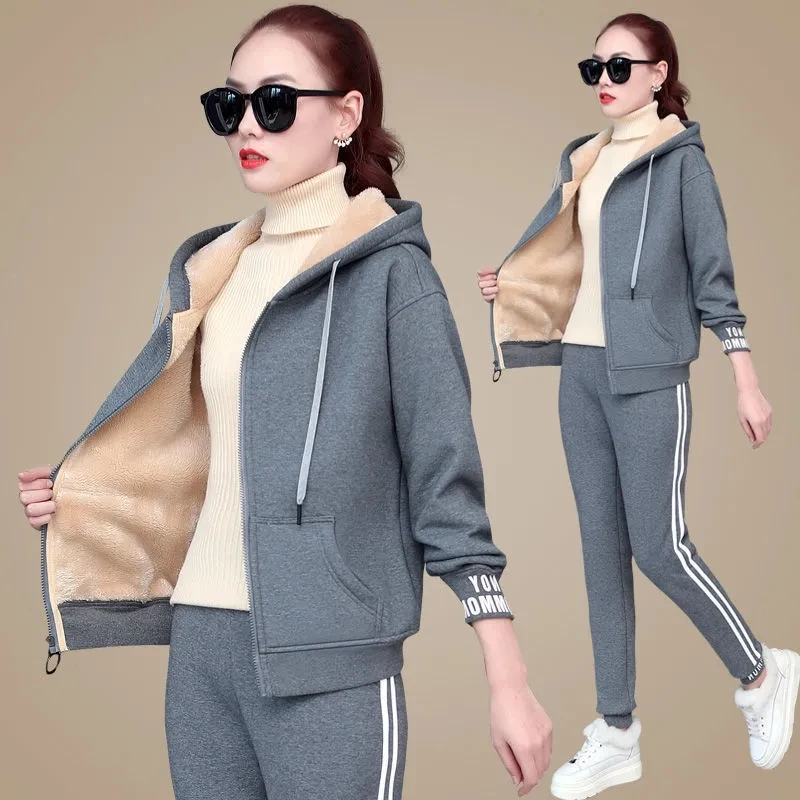 Top Trends: Winter Thicken Warm Lamb Wool Tracksuit Women Two Piece Set Casual Hooded Zip Up Sweatshirt Plus Velvet Pant Suit Loungewear Shoppable Styles