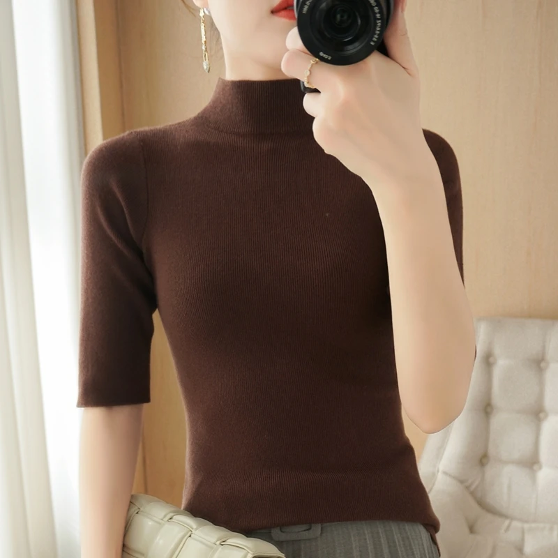 Top Trends: Knitted Short Sleeve Spring And Summer Half Turtleneck Pullovers Slim Sweaters Women Short Sleeve Cashmere Sweater Women Shoppable Styles