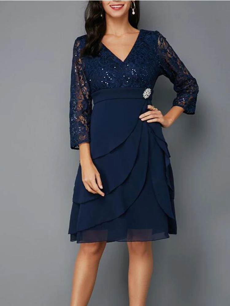 Top Trends: 2022 New Stunning Navy Blue Short Mother Of The Bride Dresses With Sleeves Lace Top V Neck Wedding Party Gowns Tier Skirt Shoppable Styles