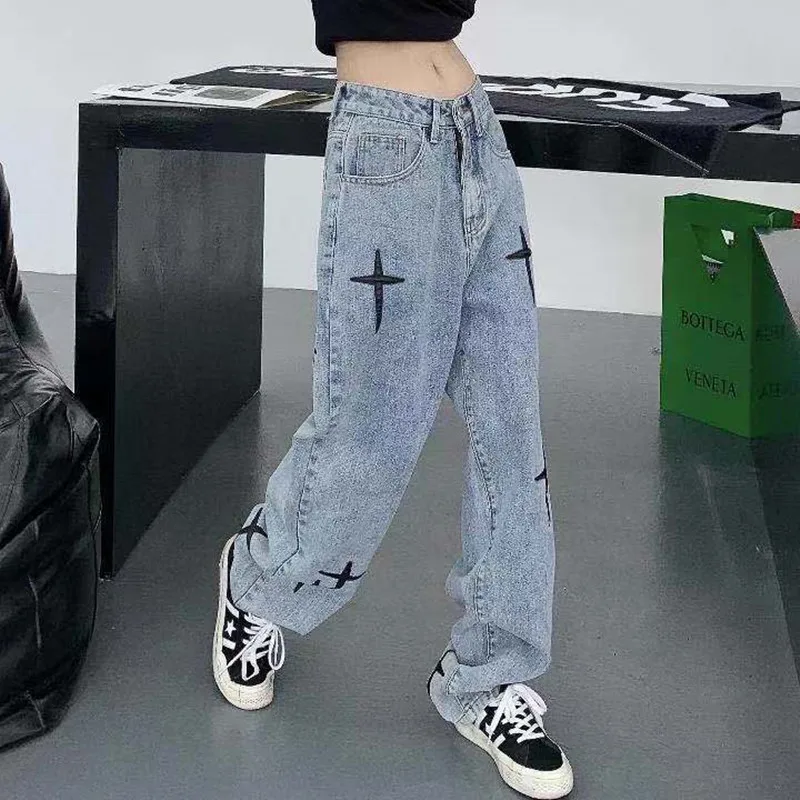 Top Trends: Streetwear Cross Embroidery Jeans Woman High Waist Y2k Straight Baggy Pants Korean Fashion Women's Jeans 2022 Trend Trousers Shoppable Styles