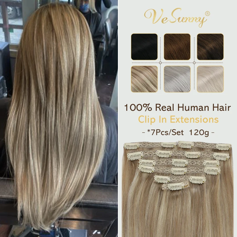 Top Trends: VeSunny Clip In Hair Extensions Human Hair Blonde Clip In Hair Extensions #16 / 22 Double Weft Real Wig Silky Straight Shoppable Styles