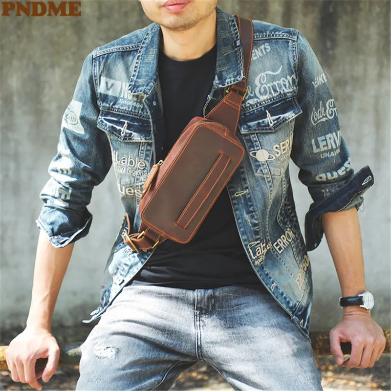 Top Trends: PNDME Vintage Natural Crazy Horse Cowhide Men&#039;s Chest Bag Fashion High-quality Genuine Leather Daily Party Small Shoulder Bag Shoppable Styles