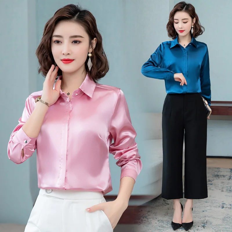 Top Trends: Elegant Office Ladies Work Shirt Women Blouse Long Sleeve Lapel Hidden Buttons Bright Basic Satin Silk Women Shirt Female Tops Shoppable Styles