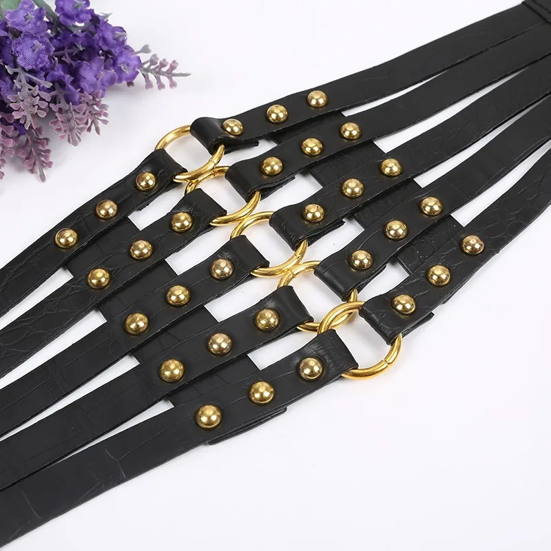 Top Trends: KINHSW Brand Design Vintage Metal Ring Belt Gold Ladies Women Belts Female Fashion Rivet Wide Waist Elastic 5 Straps PU Belt Shoppable Styles - Image 3