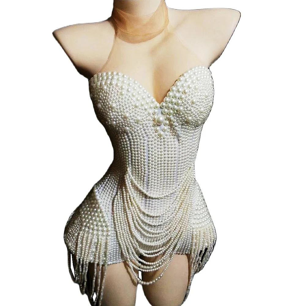 Top Trends: White Beaded Pearls Women Birthday Party Bodysuits Mesh Jumpsuits Nightclub Singer Dancer Performance Drag Queen Stage Wear Shoppable Styles